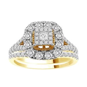LADIES BRIDAL RING SET 1 1/4 CT ROUND/PRINCESS DIAMOND 14K YELLOW GOLD