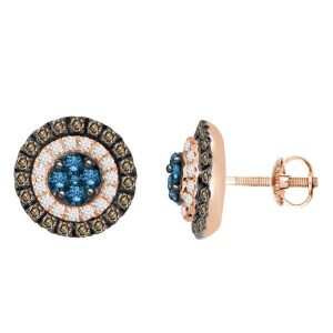 LADIES EARRING 1 CT CAPPUCCINO/BLUE/ROUND 10K ROSE GOLD