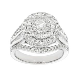 LADIES BRIDAL RING SET 1 1/2 CT ROUND DIAMOND/BAGUETTE DIAMOND 10K WHITE GOLD