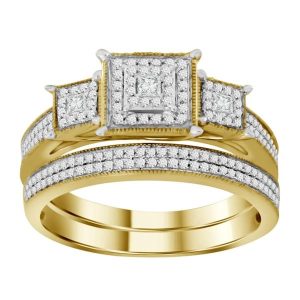 LADIES BRIDAL RING SET 1/2 CT ROUND/PRINCESS DIAMOND 10K YELLOW GOLD