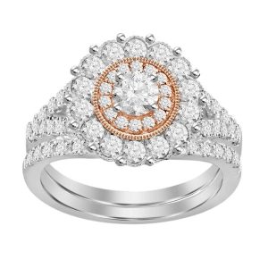 LADIES BRIDAL RING SET 1 1/2 CT ROUND DIAMOND 14K TT WHITE & ROSE GOLD