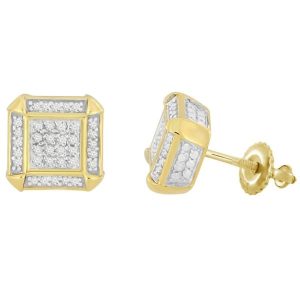 LADIES EARRINGS 1/5 CT ROUND DIAMOND SILVER YELLOW GOLD PLATED