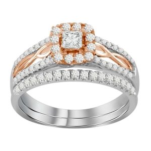 LADIES BRIDAL RING SET 3/4 CT ROUND/PRINCESS DIAMOND 14K TT WHITE & ROSE GOLD