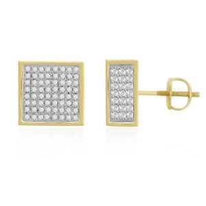 MEN’S EARRINGS 1/3 CT ROUND DIAMOND SILVER YELLOW PLATED