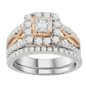 LADIES BRIDAL RING SET 1 1/4 CT ROUND DIAMOND 14K TT WHITE & ROSE GOLD