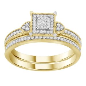 LADIES BRIDAL RING SET 1/3 CT ROUND/PRINCESS DIAMOND 10K YELLOW GOLD