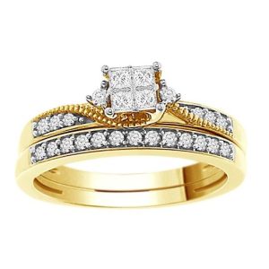 LADIES BRIDAL RING SET1/3 CT ROUND/PRINCESS DIAMOND 14K YELLOW GOLD