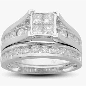 LADIES BRIDAL RING SET1 1/2 CT ROUND/PRINCESS/BAGUETTE DIAMOND 14K WHITE GOLD