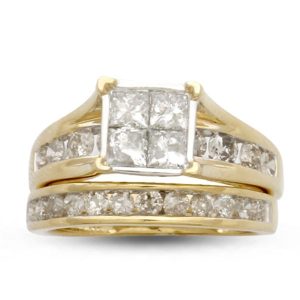 LADIES BRIDAL RING SET1 1/2 CT ROUND/PRINCESS DIAMOND 14K YELLOW GOLD