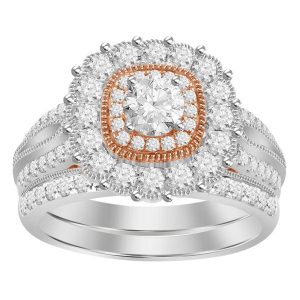LADIES BRIDAL RING SET 1 1/2 CT ROUND DIAMOND 14K TT WHITE & ROSE GOLD