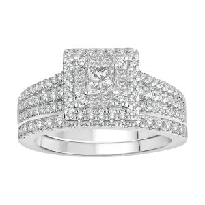 LADIES BRIDAL RING SET 1 1/4 CT ROUND/PRINCESS DIAMOND 14K WHITE GOLD