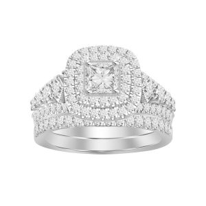 LADIES BRIDAL RING SET 1 1/2 CT ROUND DIAMOND 14K WHITE GOLD