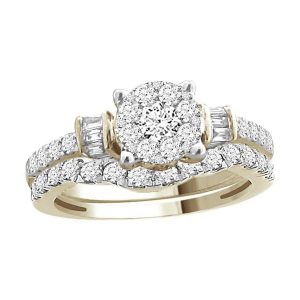 LADIES BRIDAL RING SET 1 1/2 CT ROUND/BAGUETTE DIAMOND 14K WHITE GOLD