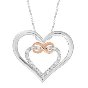 LADIES HEART PENDANT 1/20 CT ROUND DIAMOND SILVER WITH 10K ROSE PLATED