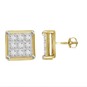 MEN’S EARRINGS 1/15 CT ROUND DIAMOND SILVER YELLOW GOLD PLATED