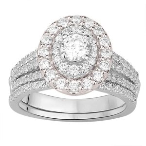 LADIES BRIDAL RING SET ,1 1/2 CT ROUND DIAMOND 14K WHITE & ROSE GOLD