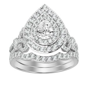 LADIES BRIDAL RING SET 1 1/2 CT ROUND DIAMOND 14K WHITE GOLD