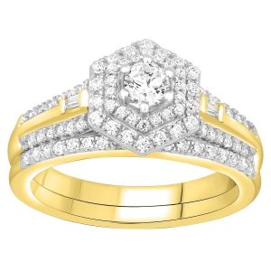 LADIES BRIDAL RING SET 3/4 CT ROUND/BAGUETTE DIAMOND 14K YELLOW GOLD