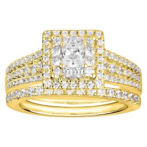 LADIES BRIDAL RING SET 1 1/4 CT ROUND/PRINCESS DIAMOND 14K YELLOW GOLD