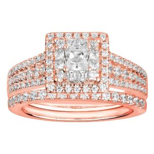LADIES BRIDAL RING SET 1 1/4 CT ROUND/PRINCESS DIAMOND 14K ROSE GOLD