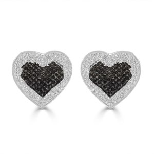 LADIES HEART EARRINGS 3/8 CT WHITE/BLACK ROUND DIAMOND STESILVER