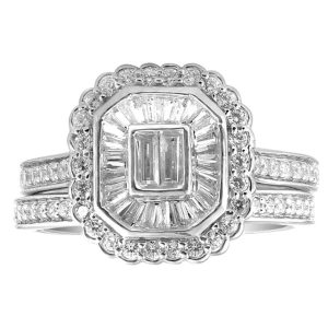LADIES BRIDAL RING SET 1 CT ROUND/BAGUETTE DIAMOND 14K WHITE GOLD