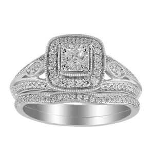 LADIES BRIDAL RING SET 1/2 CT ROUND/PRINCESS DIAMOND 14K WHITE GOLD