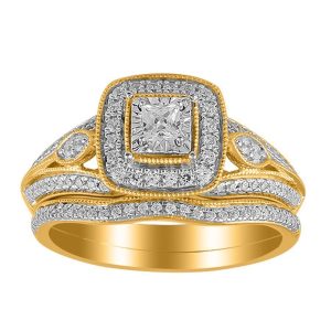 LADIES BRIDAL RING SET 1/2 CT ROUND/PRINCESS DIAMOND 14K YELLOW GOLD