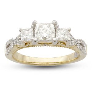LADIES BRIDAL RING SET 1 1/2 CT ROUND/PRINCESS DIAMOND 14K YELLOW GOLD