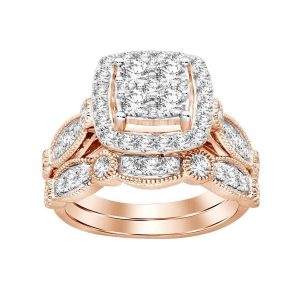 LADIES BRIDAL RING SET 1 1/2 CT ROUND DIAMOND 14K ROSE GOLD