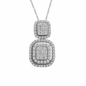 LADIES PENDANT WITH CHAIN 1/2 CT ROUND/BAGUETTE DIAMOND 14K WHITE GOLD