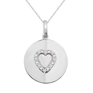 LADIES CIRCLE HEART PENDANT 1/10 CT ROUND DIAMOND SILVER