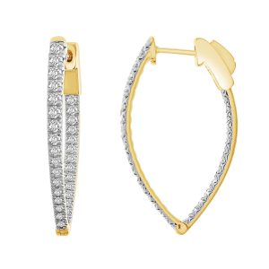 LADIES HOOPS EARRING 1 CT ROUND DIAMOND 10KT YELLOW GOLD