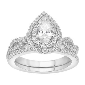 LADIES BRIDAL RING SET 1 1/5 CT ROUND/PEAR DIAMOND 14K WHITE GOLD