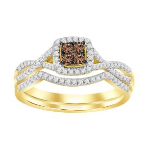 LADIES BRIDAL RING SET 1/3 CT WHITE/CHOCOLATE ROUND DIAMOND 10K YELLOW GOLD