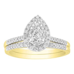 LADIES BRIDAL RING SET 5/8 CT ROUND/PEAR DIAMOND 14K YELLOW GOLD