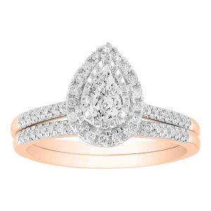 LADIES BRIDAL RING SET 5/8 CT ROUND/PEAR DIAMOND 14K ROSE GOLD