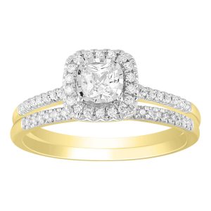 LADIES BRIDAL RING SET 5/8 CT ROUND/CUSHION DIAMOND 14K YELLOW GOLD