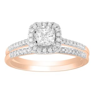 LADIES BRIDAL RING SET 5/8 CT ROUND/CUSHION DIAMOND 14K ROSE GOLD