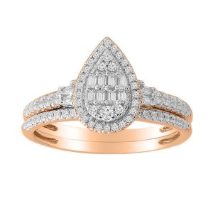 LADIES BRIDAL RING SET 3/8 CT ROUND/BAGUETTE DIAMOND 10K ROSE GOLD