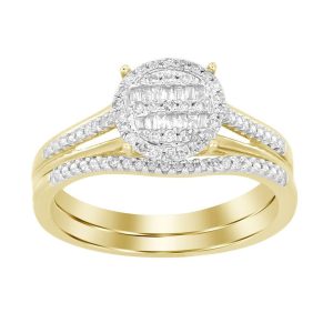 LADIES BRIDAL RING SET 1/4 CT ROUND/BAGUETTE DIAMOND 10K YELLOW GOLD