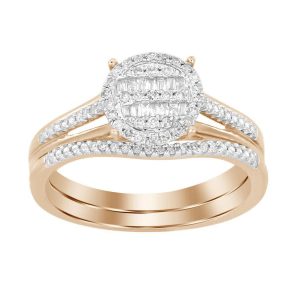 LADIES BRIDAL RING SET 1/4 CT ROUND/BAGUETTE DIAMOND 10K ROSE GOLD