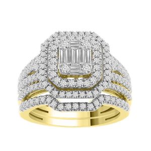LADIES BRIDAL RING SET 1 1/4 CT ROUND/PRINCESS/BAGUETTE DIAMOND 14K YELLOW GOLD