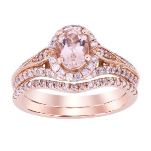 LADIES BRIDAL RING SET 1/2 CT ROUND/OVAL/PEACH MORGANITE DIAMOND 10K ROSE GOLD(CENTER-3/4)