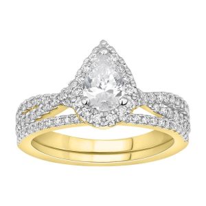 LADIES BRIDAL RING SET 1 CT ROUND/PEAR DIAMOND 14K YELLOW GOLD(CENTER STONE 1/2) (SI QUALITY)