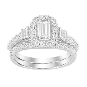 LADIES BRIDAL RING SET 1 1/10 CT ROUND/EMRALD/BAGUETTE DIAMOND 14K WHITE GOLD (SI QUALITY)