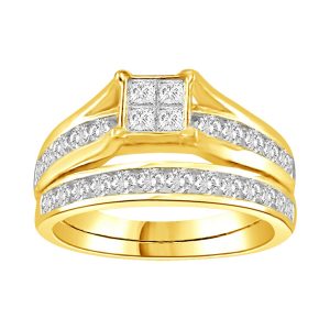 LADIES BRIDAL RING SET 1 CT ROUND/PRINCESS DIAMOND 10K YELLOW GOLD