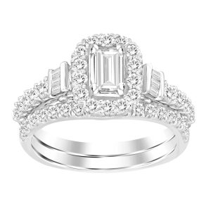 LADIES BRIDAL RING SET 1 1/10 CT ROUND/EMRALD/BAGUETTE DIAMOND 14K WHITE GOLD