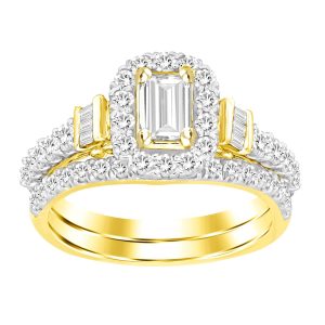 LADIES BRIDAL RING SET 1 1/10 CT ROUND/EMRALD/BAGUETTE DIAMOND 14K YELLOW GOLD