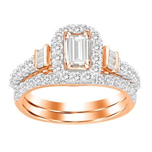 LADIES BRIDAL RING SET 1 1/10 CT ROUND/EMRALD/BAGUETTE DIAMOND 14K ROSE GOLD